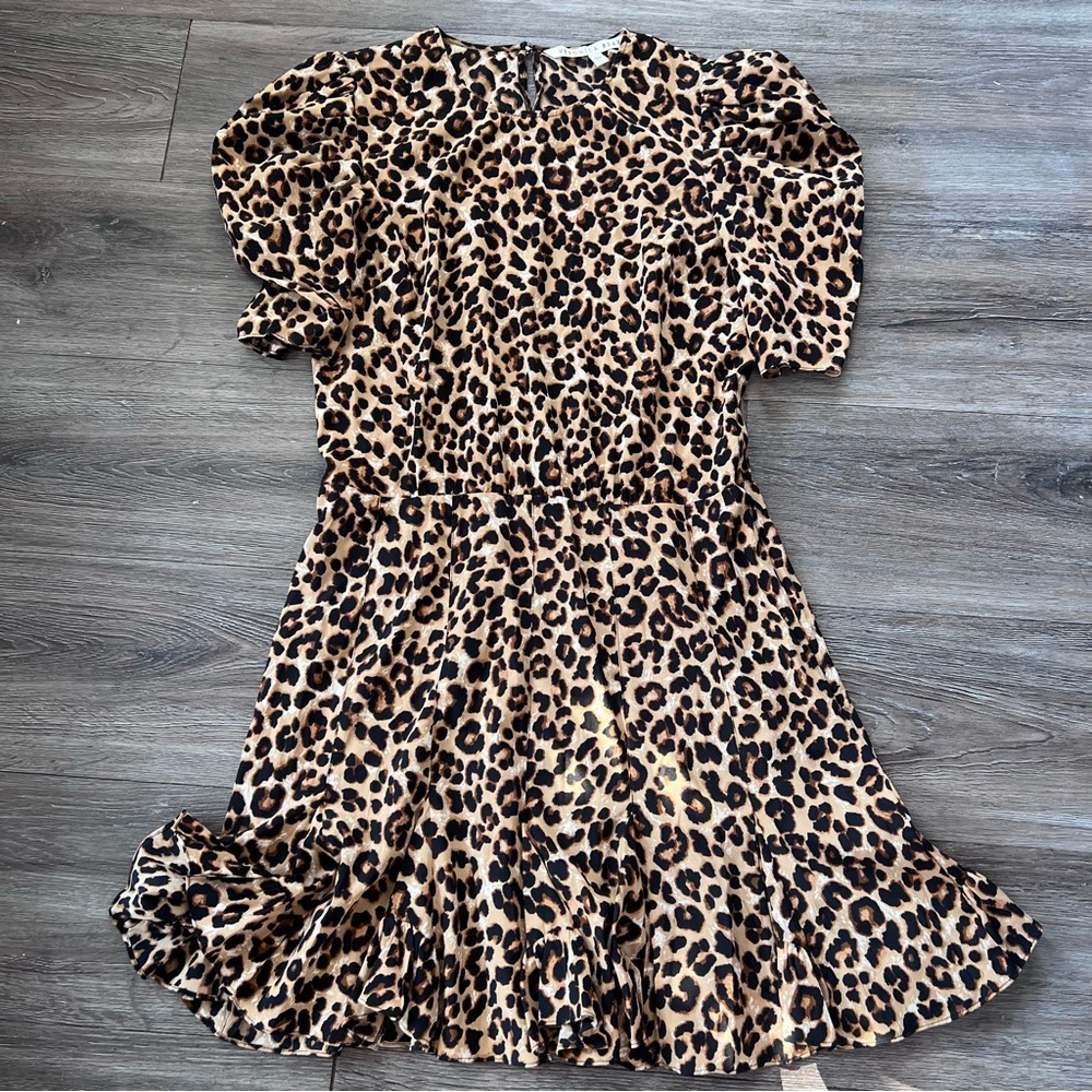 Veronica Beard Lila Leopard Puff Sleeve Dress In Beige size 6